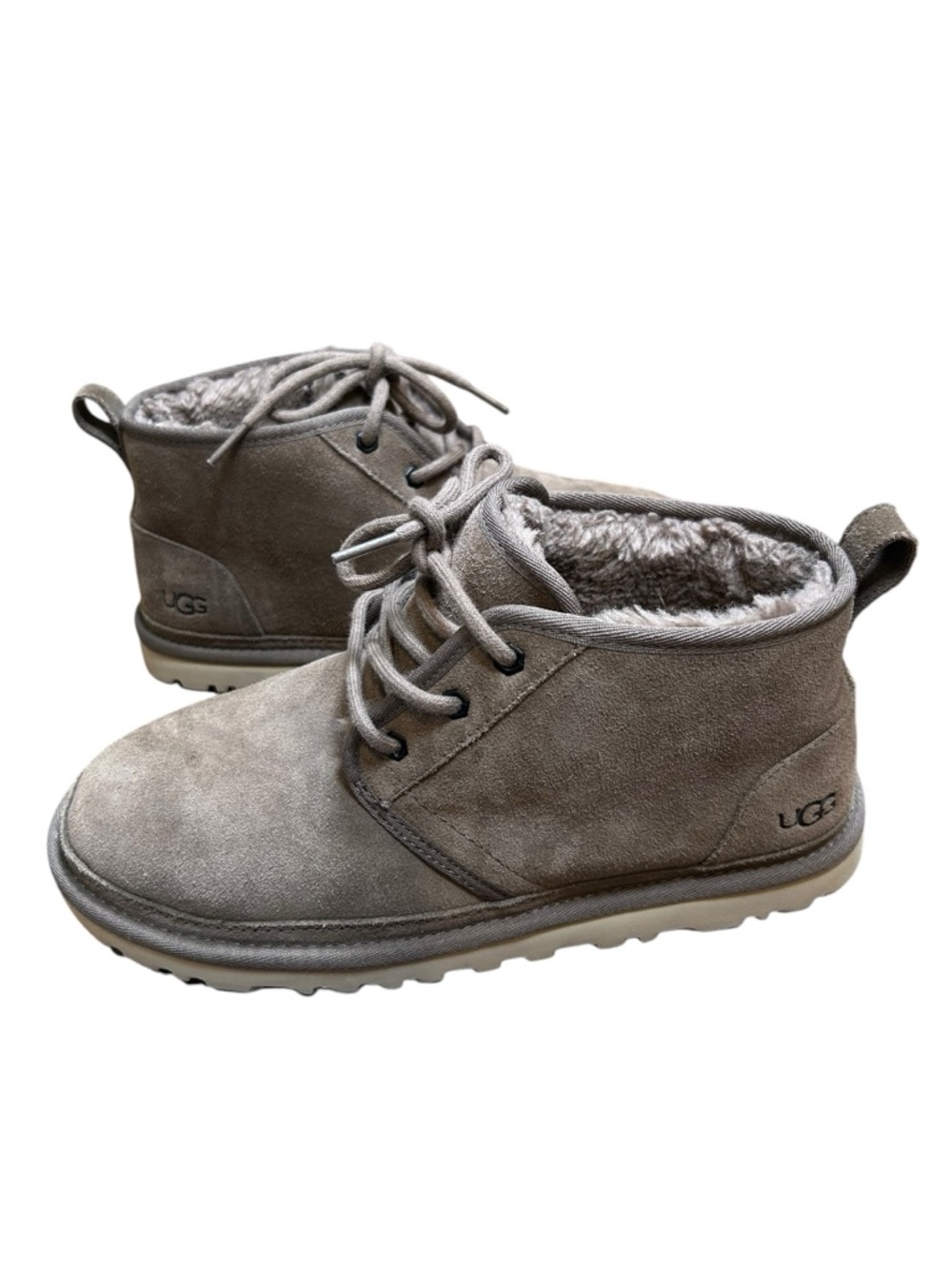 Ugg Neumel suede gray brown lace up chukka boots size 9 wool Sherpa lined